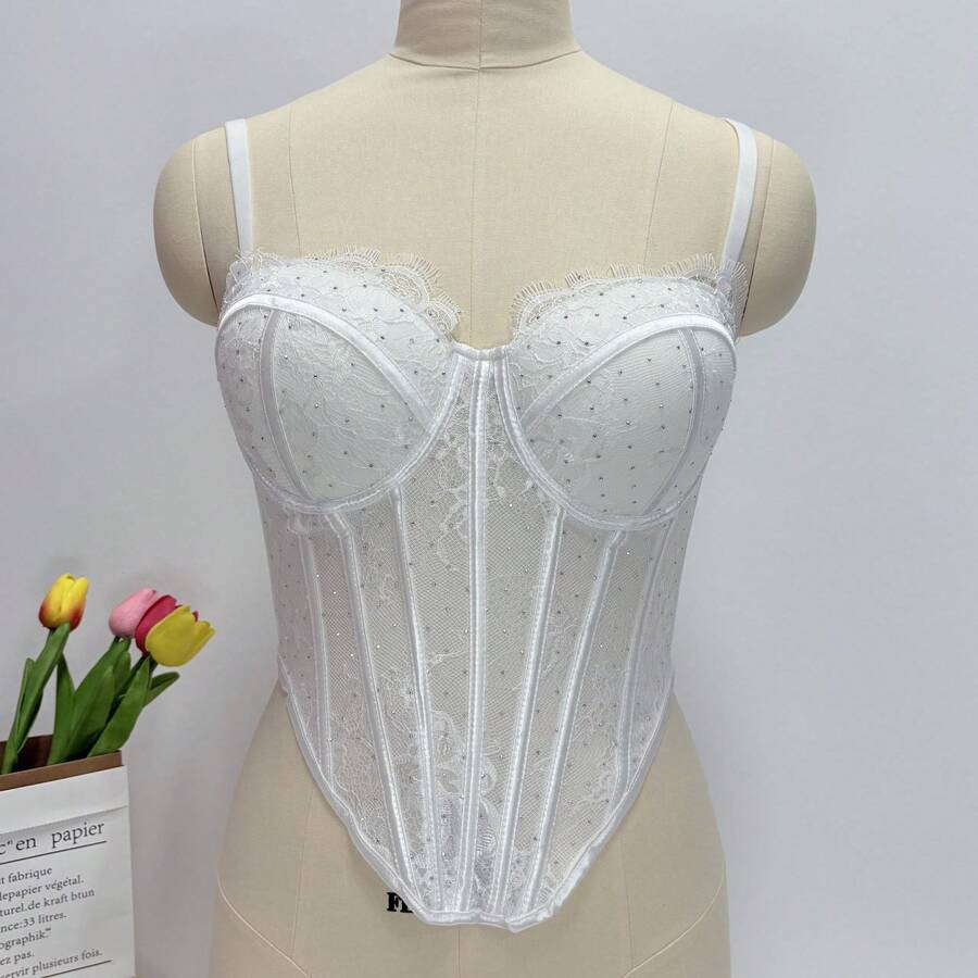 Vintage Necklace - White Lace Rhinestone Corset Top With