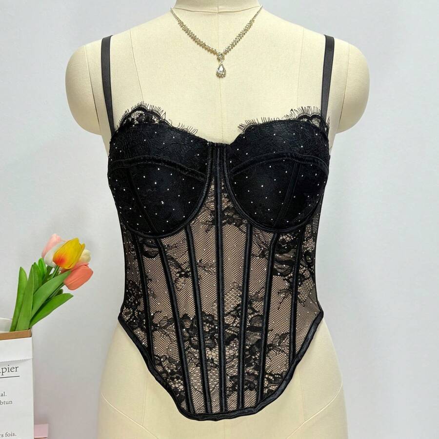 White Lace Rhinestone Corset T - Vintage Necklace reseña y precio