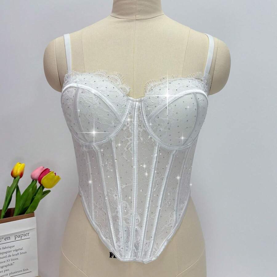 White Lace Rhinestone Corset T - Vintage Necklace reseña y precio